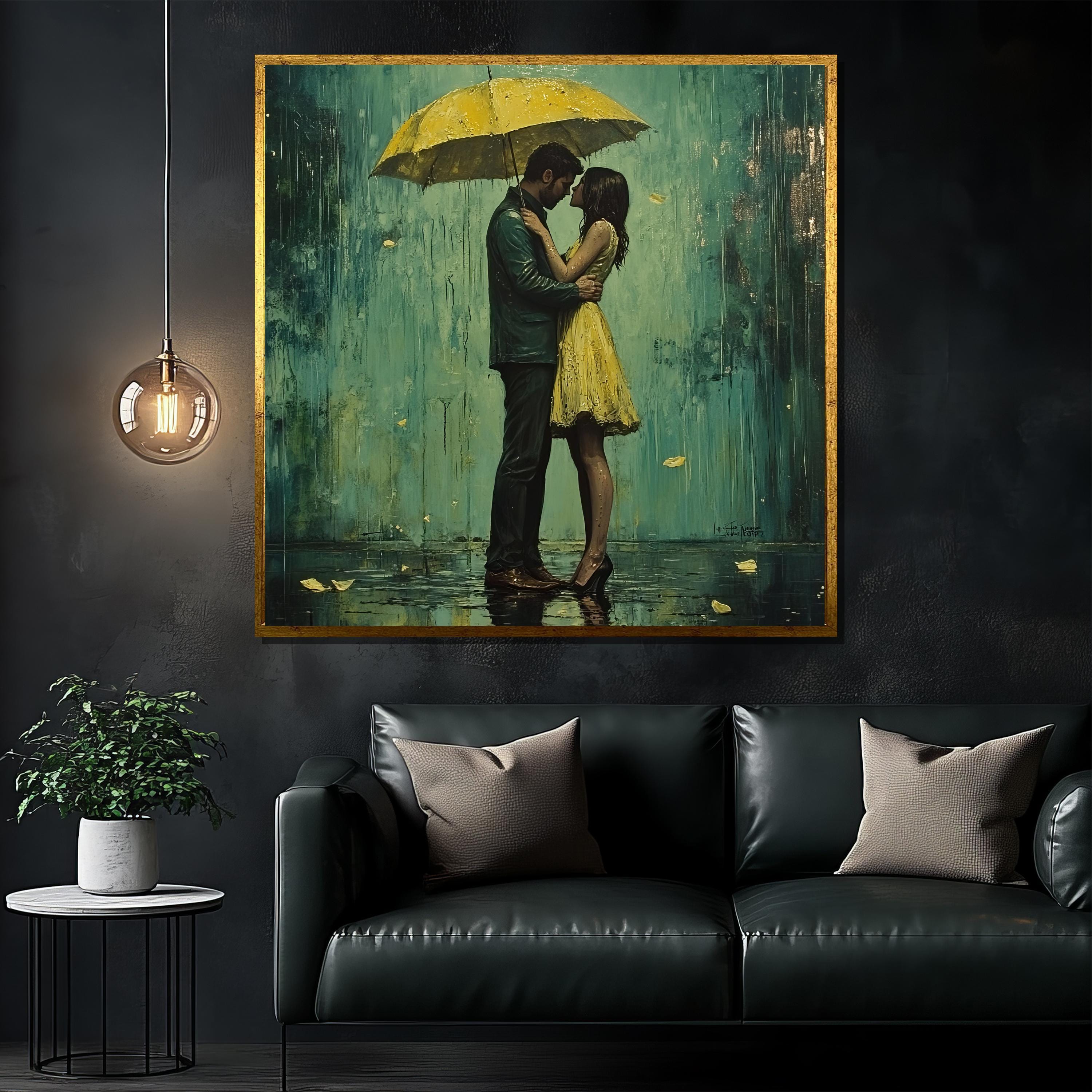 Romantic Couple Under Umbrella Canvas Painting, Rainy Day Wall Art, Love in the Rain Artwork, Unique Gift for Couples, Elegant Home Decor
