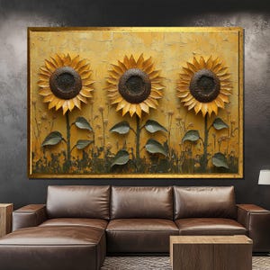 3D Sunflower Canvas Painting, Rustic Yellow Floral Wall Art, Textured Nature-Inspired Decor, Large Living Room Artwork, Unique Gift for Home