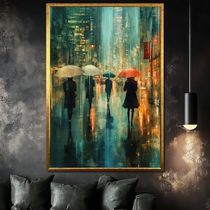 Rainy Night Cityscape Canvas Painting, Abstract Urban Wall Art, Modern Home Decor, Rainy Street Artwork, Gift for Art Lovers