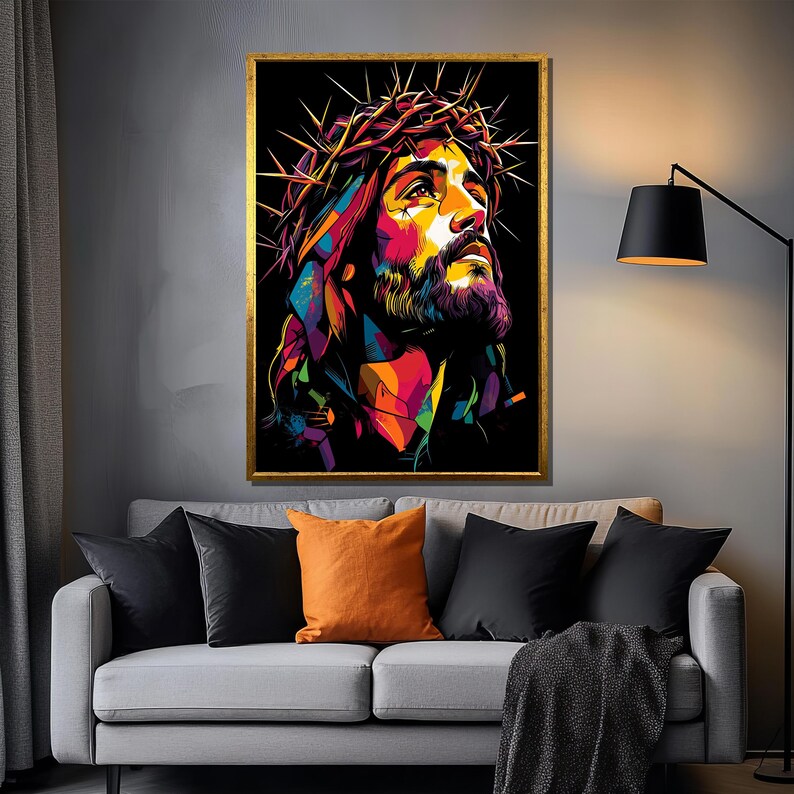 Jesus Christ Pop Art Canvas Painting, Vibrant Crown of Thorns Wall ...