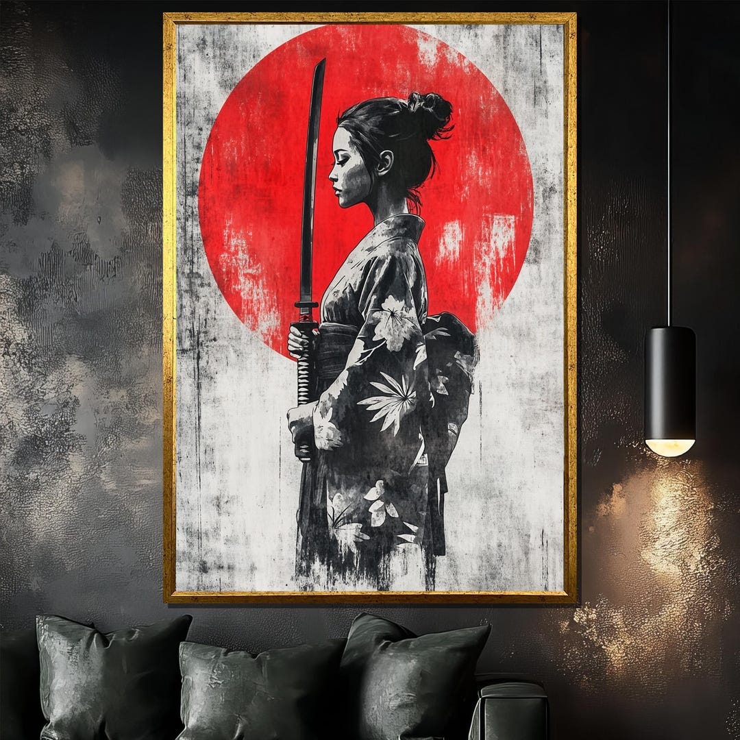 Samurai Geisha Canvas Painting, Japanese Katana Art, Red Sun Wall Decor ...