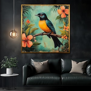 Tropical Bird Canvas Painting, Vibrant Floral Wall Art, Nature-Inspired Decor, Exotic Animal Artwork for Living Room, Gift Idea