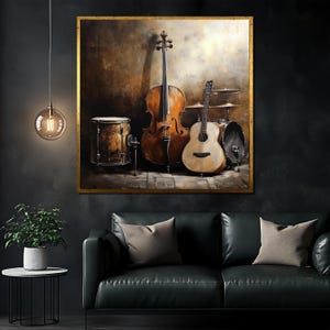 Elegant Musical Instruments Canvas Painting, Cello, Guitar, and Drum Wall Art, Perfect Gift for Music and Art Lovers