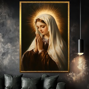 Virgin Mary Praying Canvas Painting, Elegant Religious Wall Art with Radiant Light, Unique Christian Gift for Faith-Inspired Home Decor