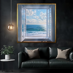 Ocean View Window Canvas Painting, Coastal Beach Wall Art, Relaxing Seaside Decor, Blue Sea Landscape, Unique Gift