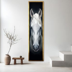 White Horse Canvas Painting, Large Animal Wall Art, Modern Equestrian Decor, Black and White Horse Artwork, Vertical Wall Art, Perfect Gift