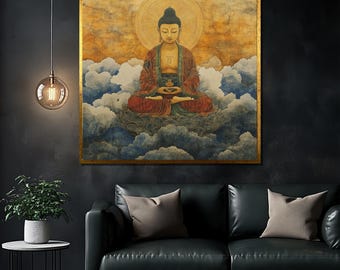 Vintage Buddha Canvas Painting, Sacred Meditation Wall Art with Clouds for Living Room, Spiritual Boho Gift, Zen Lotus Artwork, Perfect Gift
