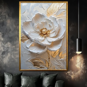 Luxury White and Gold Floral Canvas Painting, Elegant Wall Art, Modern Botanical Home Decor, Unique Gift for Art Enthusiasts