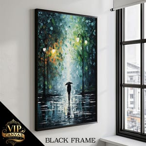 Painting Canvas – Solitary Walk in the Rain with Umbrella and Lantern Light, Captivating Night Scene Art