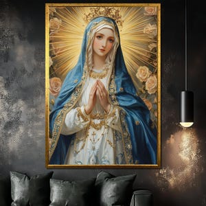 Virgin Mary Canvas Painting - Elegant Religious Icon Art for Sacred Spaces, Christian Home Decor, and Unique Gift Ideas