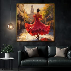 Elegant Flamenco Dancer Canvas Painting, Vibrant Spanish Street Art, Red Dress Wall Decor, Perfect Gift for Dance Lovers