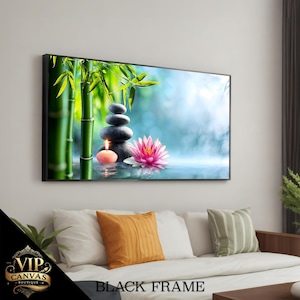 Serene Zen Garden Canvas Wall Art, Relaxing Wall Decor, Tranquil Spa Decor with Bamboo, Stones, Candle, and Lotus Flower, Ready to Hang
