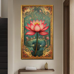 Traditional Lotus Canvas Painting, Red Floral Wall Art with Ornamental Frame, Elegant Botanical Home Decor, Unique Gift for Art Lovers