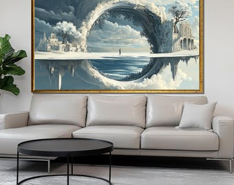 Surreal Circular Landscape Canvas Painting, Dreamlike Fantasy Wall Art, Modern Artistic Decor, Unique Home Gift for Art and Nature Lovers