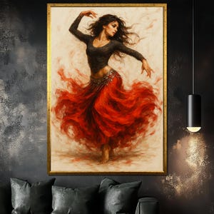 Cuadro en lienzo de bailarina de flamenco, falda roja fluida con movimiento expresivo, elegante arte mural femenino para el hogar o estudio, idea de regalo.