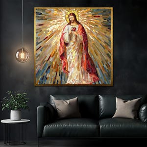 Jesus Sacred Heart Mosaic Canvas Painting - Religious Wall Art, Christian Home Decor, Perfect Gift, Sacred Biblical Artwork