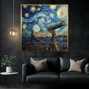Starry Night Telescope Canvas Painting, Van Gogh Inspired Wall Art, Astronomy Lovers Decor, Cosmic Night Sky Scene, Unique Gift Idea