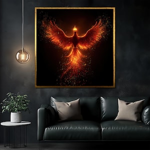 Dark Phoenix Canvas Painting, Fiery Bird Wall Art with Black Background, Fantasy Flame Wall Decor, Mythical Creature Print, Unique Gift