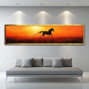 Running Horse Canvas Painting, Large Sunset Wall Art, Wild Horse Artwork, Western Equestrian Decor, Panoramic Animal Art Gift for Home
