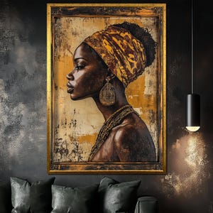African Woman Canvas Painting, Tribal Portrait Wall Art, Bold Black and Gold Decor, Unique Gift for Cultural Art Lovers