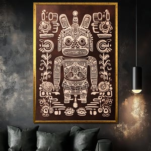 Ancient Aztec Canvas Painting, Tribal Symbol Wall Art, Pre-Columbian Artwork, Ethnic Home Decor, Unique Gift for History Lovers