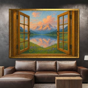 Open Window Canvas Painting, Scenic Mountain View Wall Art, Landscape Painting, Fake Window Art, Serene Nature Landscape, Relaxing Art Gift