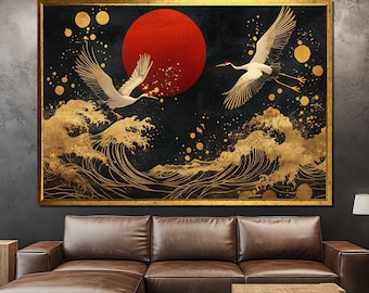 Japanese Crane Canvas Painting - Elegant Red Sun and Wave Wall Art, Gold Accent Decor, Unique Gift for Nature and Art Lovers