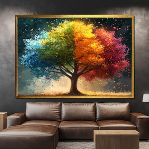 Four Seasons Tree Canvas Painting, Vibrant Nature Wall Art With Colorful Leaves Design, Symbolic Seasonal Home Decor, Unique Art Gift