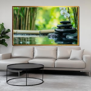 Zen Stones and Bamboo Canvas Painting, Orchid Spa Wall Art, Calming Nature Decor, Meditation Room Gift, Peaceful Home Decoration