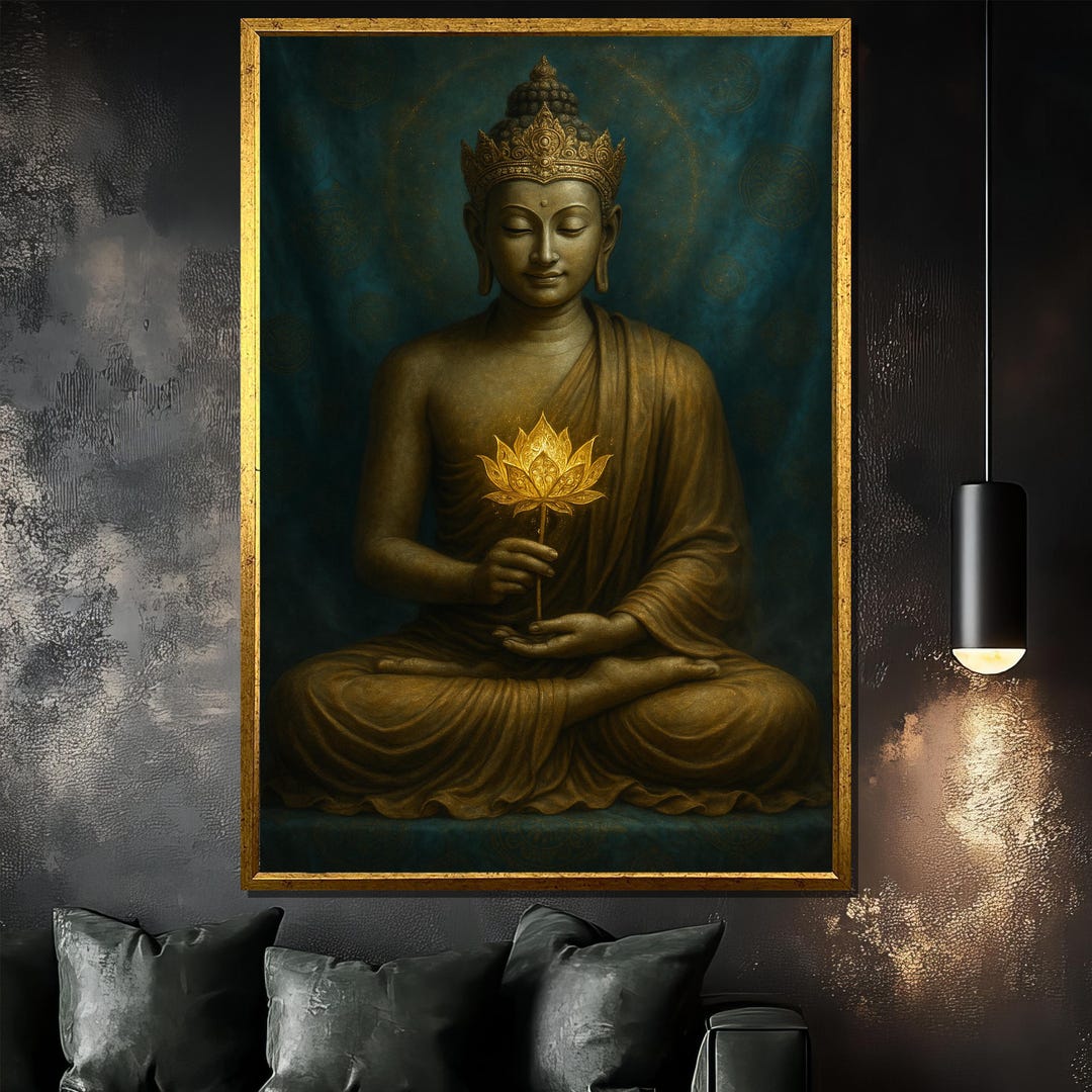 Golden Buddha Canvas Painting With Lotus Flower, Spiritual Zen Wall Art ...