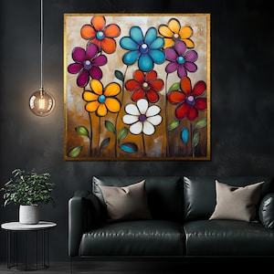 Colorful Floral Canvas Painting for Living Room, Large Modern Wall Art Decor, Vibrant Flower Artwork, Unique Gift for Home and Office