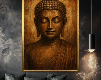 Buddha Canvas Painting, Golden Toned Spiritual Wall Art for Meditation Room or Zen Decor, Serene Religious Portrait, Unique Gift