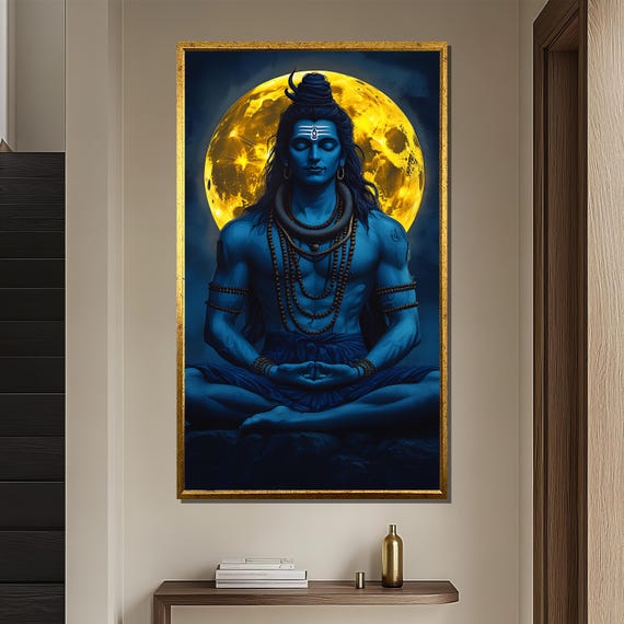 Shiva Canvas Painting, Hindu Wall Art, Meditative God Artwork, Spiritual Home Decor, Full Moon Poster, Ready to Hang Artwork, Perfect Gift