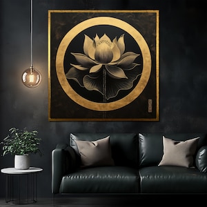 Black and Gold Lotus Canvas Painting - Elegant Zen Wall Art for Living Room, Spiritual Boho Gift, Modern Flower Artwork for Home Decor