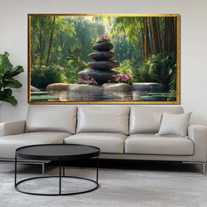 Zen Stones with Flowers Canvas Painting, Nature-Inspired Wall Art, Calming Spa Room Decor, Meditation Art Print, Peaceful Home Gift