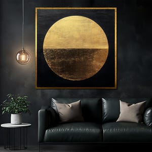 Abstract Gold Circle Canvas Painting, Black and Gold Minimalist Wall Art, Luxury Geometric Home Decor, Unique Art Gift