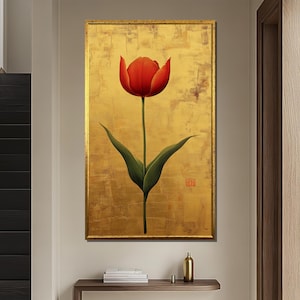Elegant Red Tulip Canvas Painting, Minimalist Floral Wall Art on Gold Background, Botanical Home Decor, Unique Gift for Art Enthusiasts