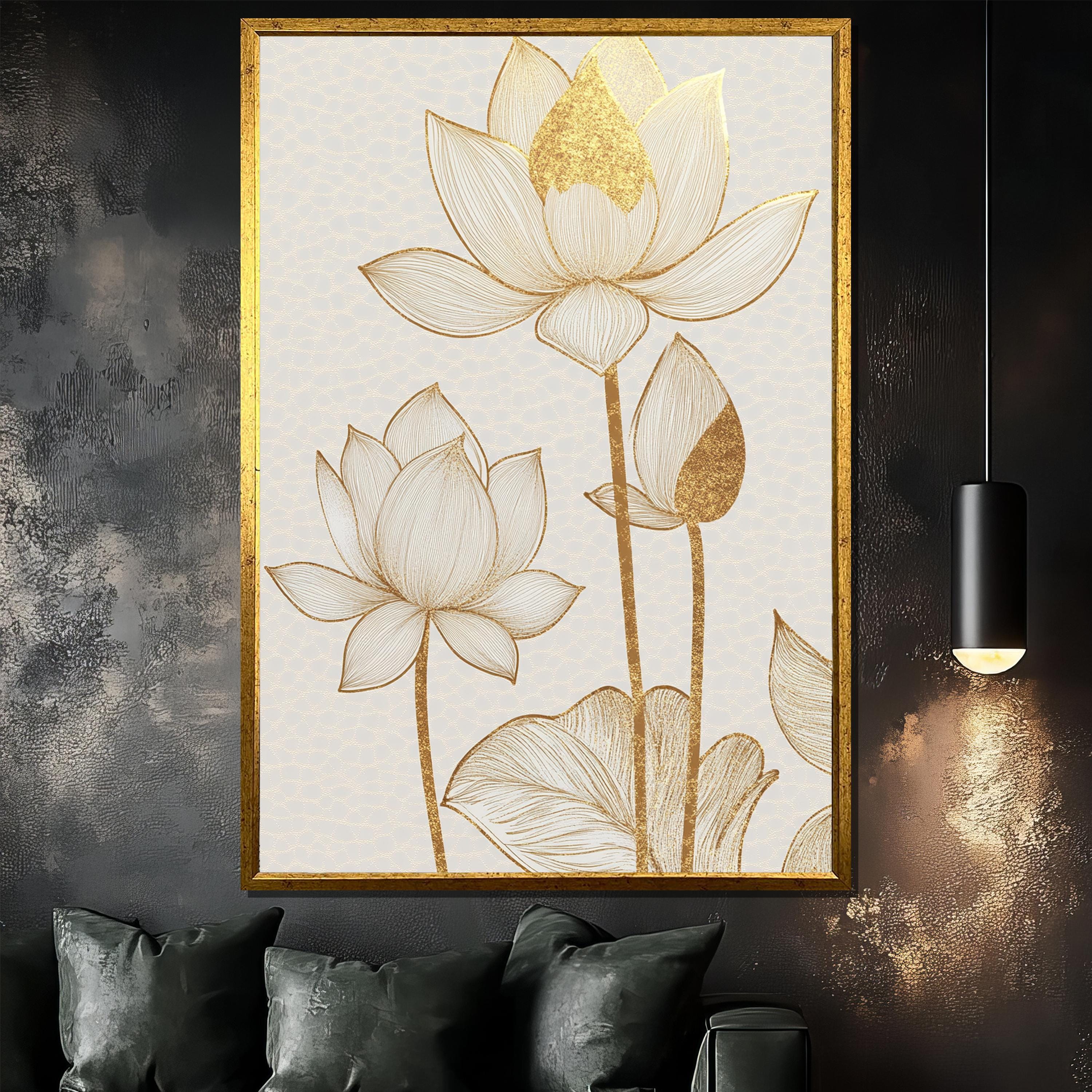 Gold Lotus Canvas Painting, Minimalist Floral Wall Art, Elegant Botanical Home Decor, Unique Gift for Art and Nature Enthusiasts
