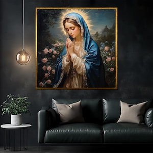 Virgin Mary in Prayer Canvas Painting, Elegant Religious Wall Art, Faith-Inspired Christian Gift for Home Decor and Spiritual Spaces