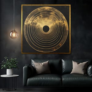 Modern Gold Circle Canvas Painting, Abstract Black and Gold Wall Art, Luxury Geometric Home Decor, Unique Art Gift