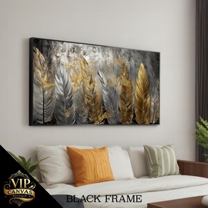Elegant Feather Canvas Painting - Gold and Silver Feathers on Black Background - Luxurious Wall Art for Modern Home Decor