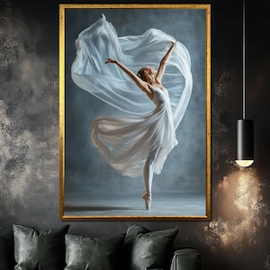Canvasschilderij sierlijke witte ballerina, elegante balletkunst aan de muur, ballerinakunstwerk, uniek cadeau, modern interieur, dansliefhebber kunst