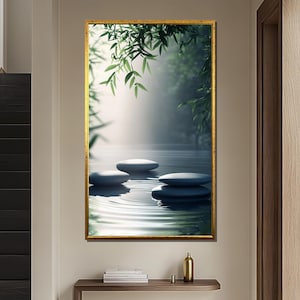 Zen Stones and Bamboo Leaves Canvas Painting, Minimalist Nature Wall Art, Calming Spa Room Decor, Peaceful Meditation Gift