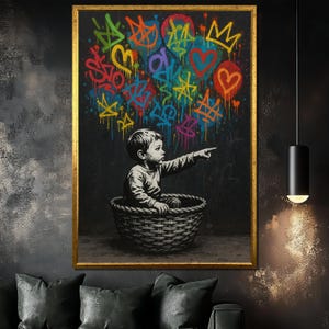 Banksy Graffiti Boy Canvas Painting, Colorful Street Art Wall Decor, Urban Pop Art for Modern Home, Unique Gift Idea