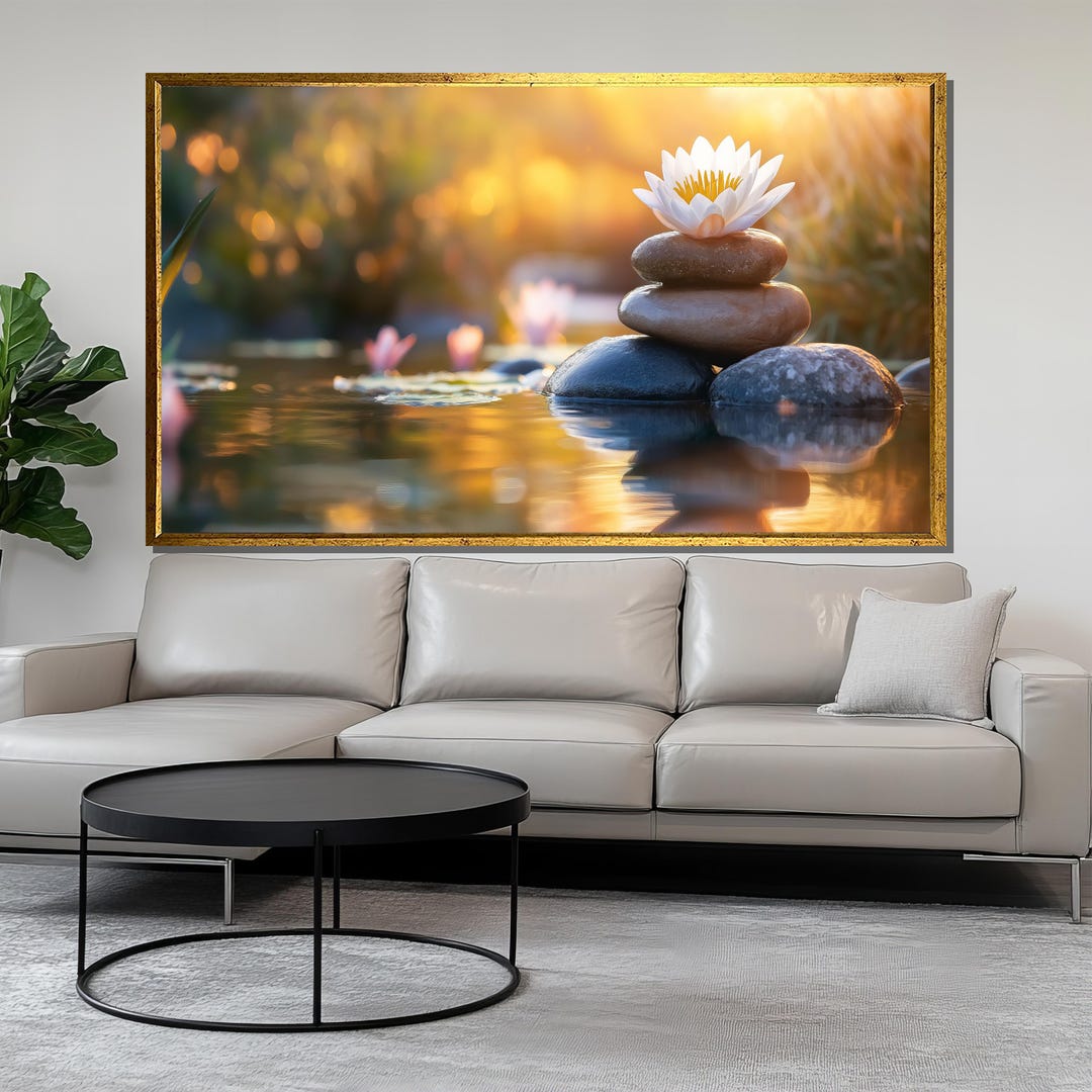 Golden Hour Zen Stones Canvas Painting, White Lotus Wall Art, Calming ...