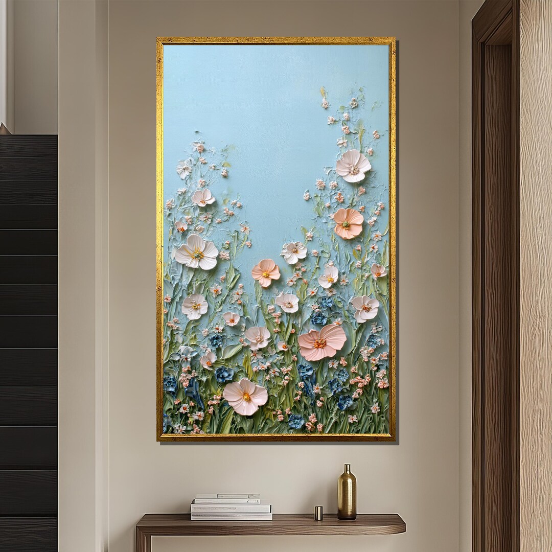 Wildflower Canvas Painting, Pastel Floral Wall Art in Blue and Pink ...