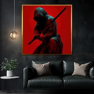Pintura en lienzo de guerrero samurái, arte mural ninja rojo oscuro con espada katana, decoración de luchador misterioso para cueva de hombre, regalo artístico audaz
