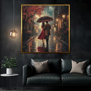 Romantic Rainy Night Couple Canvas Painting - Elegant Umbrella Street Artwork - Wall Art for Living Room or Bedroom, Unique Gift Idea