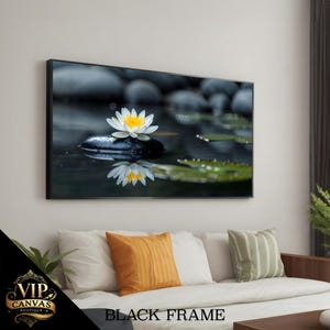 Serene Lotus Flower on Water Canvas Art - Tranquil Wall Decor, Relaxing Art, Spa Stone Wall Art, Zen Inspired Gift, Framed Ready to Hang