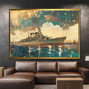 Vintage Battleship Canvas Painting, Naval Warship Wall Art, Maritime History Print, Navy Military Decor, Ocean Fleet Artwork, Gift Idea